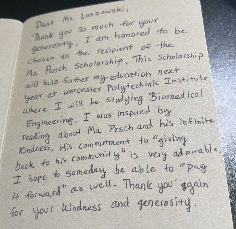 Thank you letter from Ma Pesch Scholarship recipient